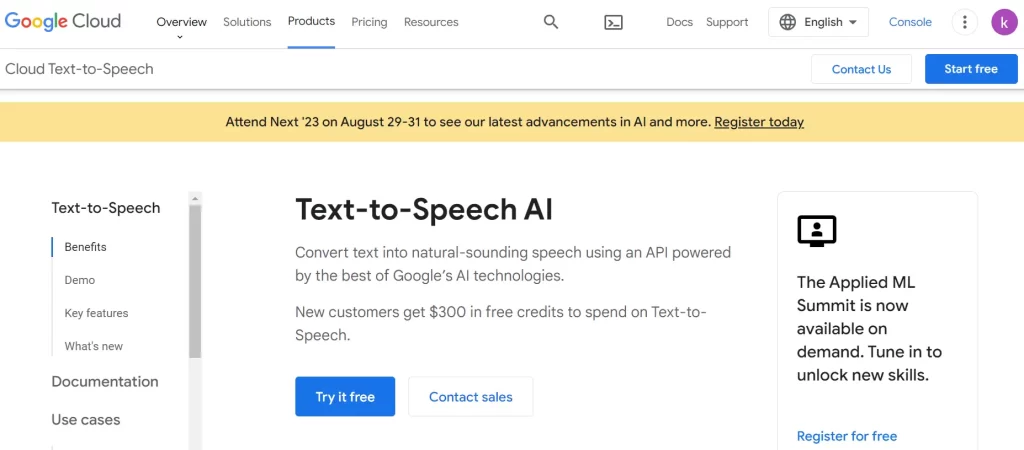 google cloud Free Ai text to speech tool